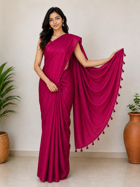 Plain Dyeing Modal Silk Saree with Tassels - With Blouse Piece - 5.5 Mtr Length    -  SKU : 0175-PKPK