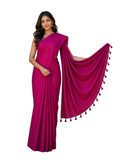 Plain Dyeing Modal Silk Saree with Tassels - With Blouse Piece - 5.5 Mtr Length    -  SKU : 0175-PKPK