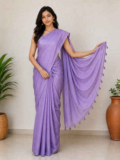 Plain Dyeing Modal Silk Saree with Tassels - With Blouse Piece - 5.5 Mtr Length    -  SKU : 0175-PRPR