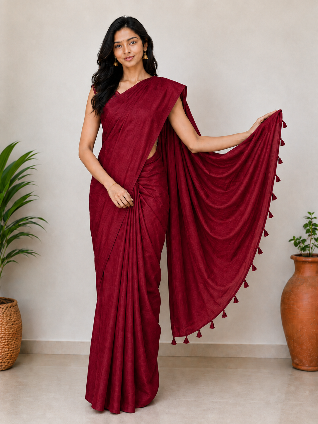 Plain Dyeing Modal Silk Saree with Tassels - With Blouse Piece - 5.5 Mtr Length    -  SKU : 0175-RERE