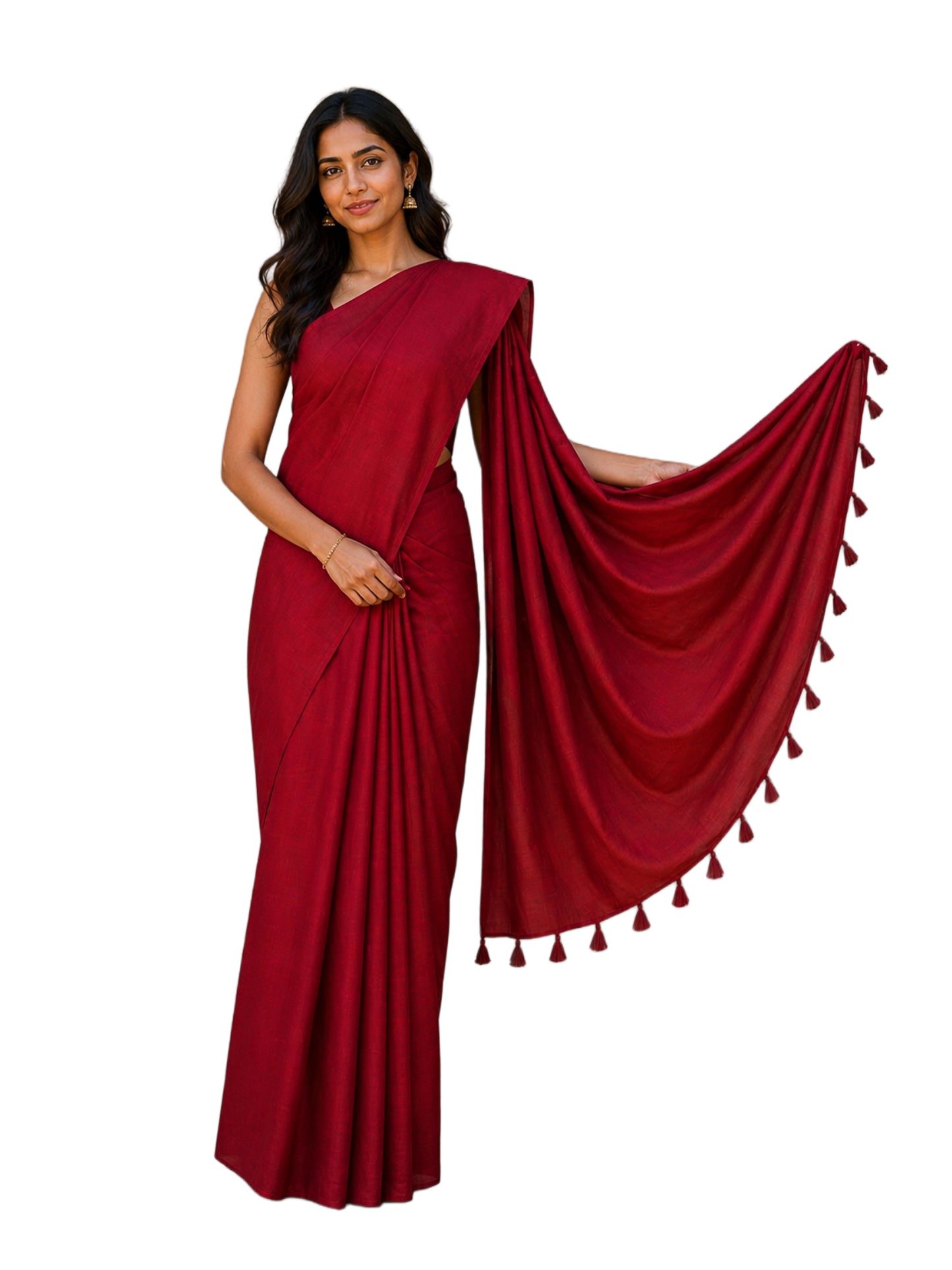 Plain Dyeing Modal Silk Saree with Tassels - With Blouse Piece - 5.5 Mtr Length    -  SKU : 0175-RERE