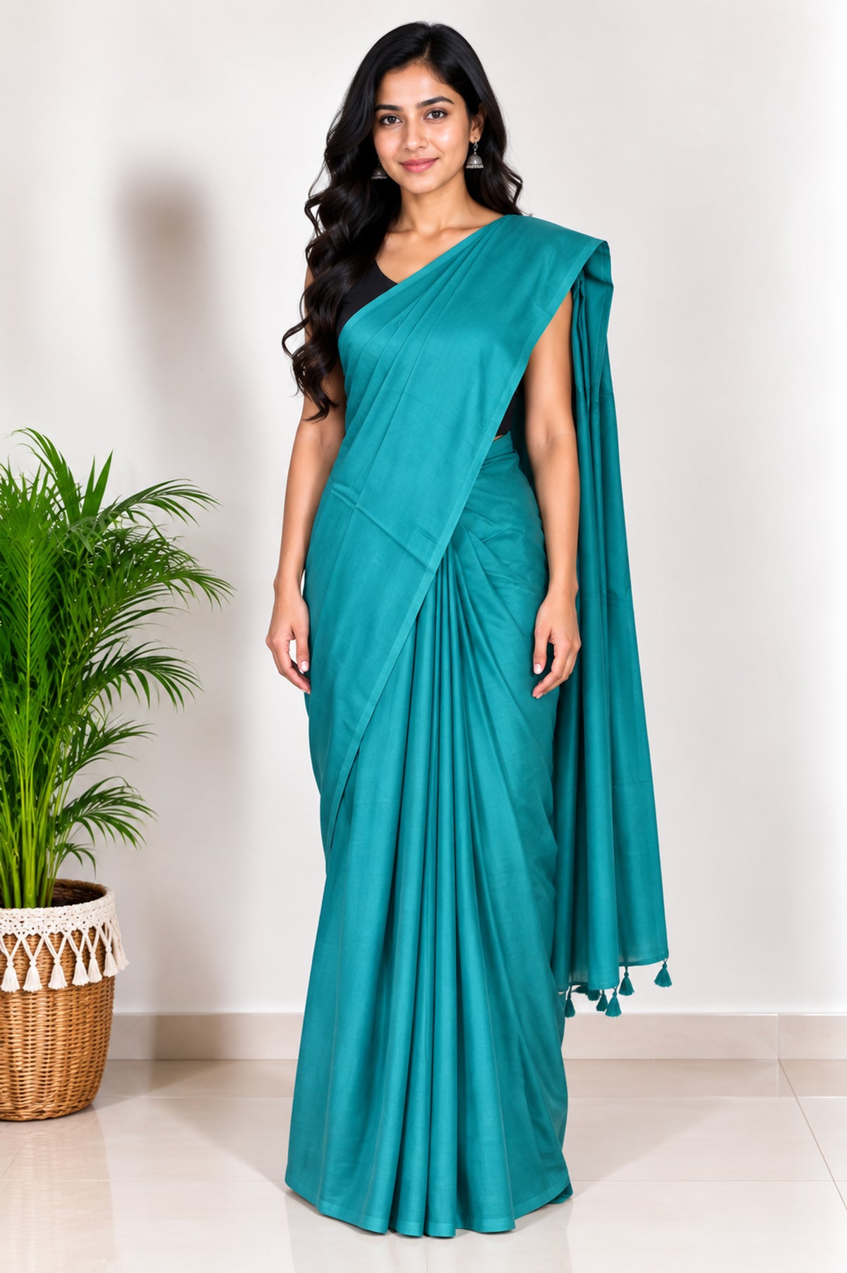 Plain Dyeing Modal Silk Saree with Tassels - With Blouse Piece - 5.5 Mtr Length   -  SKU : 0175-SDSD