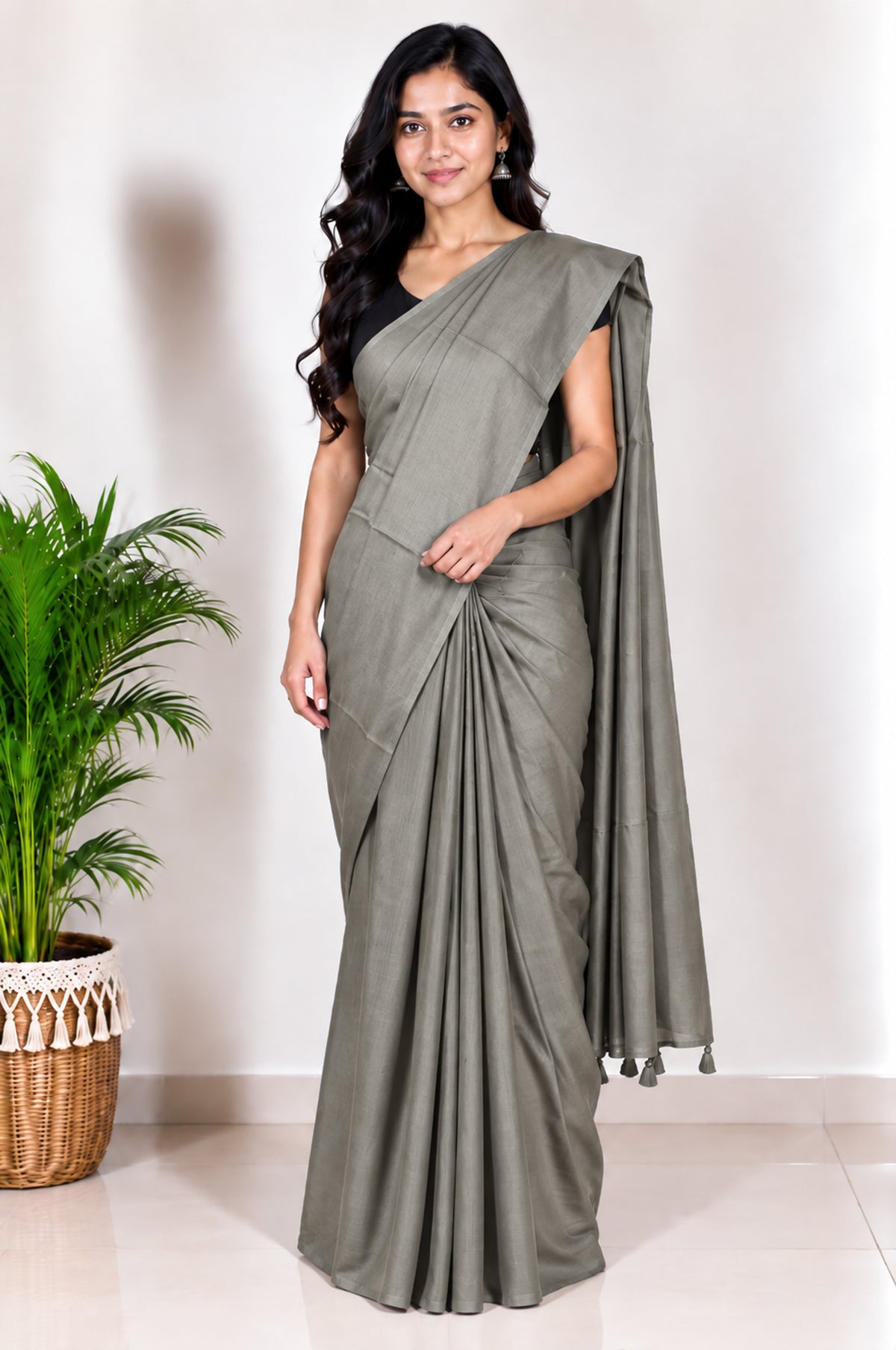 Plain Dyeing Modal Silk Saree with Tassels - With Blouse Piece - 5.5 Mtr Length   -  SKU : 0175-SGSG