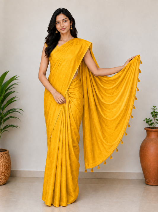 Plain Dyeing Modal Silk Saree with Tassels - With Blouse Piece - 5.5 Mtr Length    -  SKU : 0175-YEYE