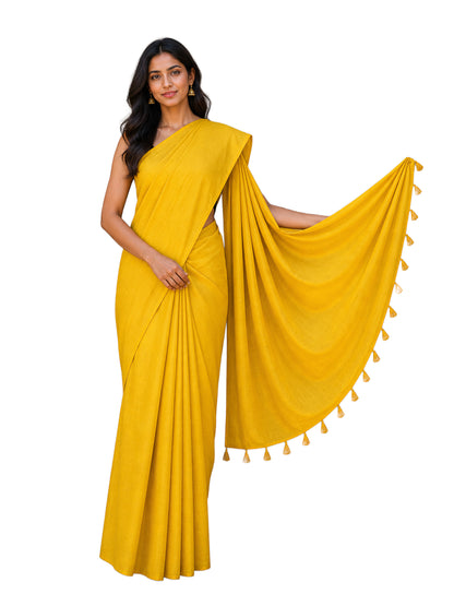 Plain Dyeing Modal Silk Saree with Tassels - With Blouse Piece - 5.5 Mtr Length    -  SKU : 0175-YEYE