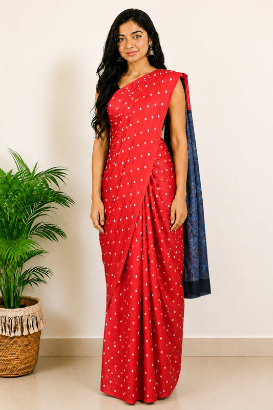 Bandhej [ Tie-Dye] Modal Silk Part Natural Dye Ajrakh Pallu Hand Block Print Saree With Ajrakh Blouse Piece - 5.5 Mtr Length   -  SKU : MS15601D