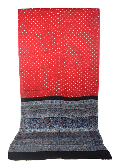 Bandhej [ Tie-Dye] Modal Silk Part Natural Dye Ajrakh Pallu Hand Block Print Saree With Ajrakh Blouse Piece - 5.5 Mtr Length   -  SKU : MS15601D