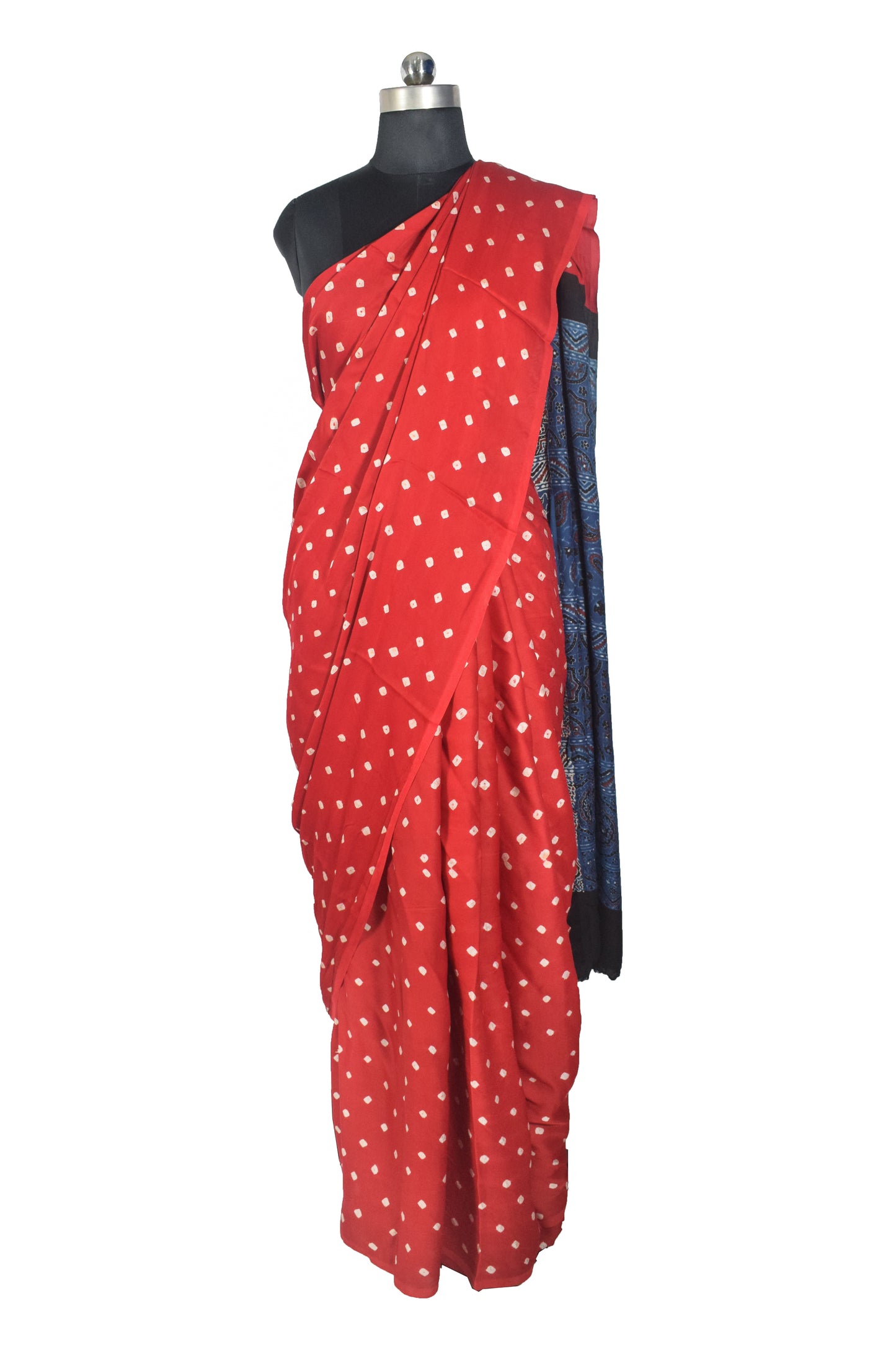 Bandhej [ Tie-Dye] Modal Silk Part Natural Dye Ajrakh Pallu Hand Block Print Saree With Ajrakh Blouse Piece - 5.5 Mtr Length   -  SKU : MS15601D