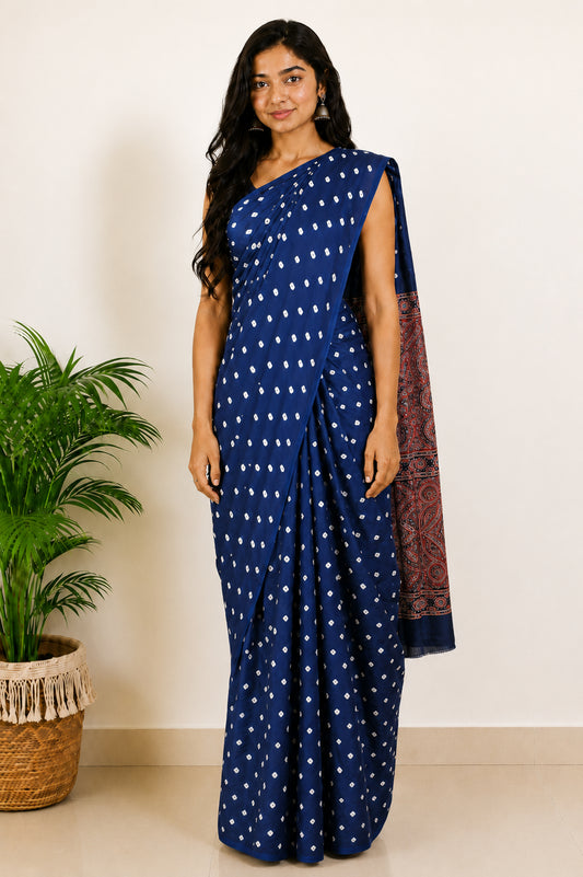 Bandhej [ Tie-Dye] Modal Silk Part Natural Dye Ajrakh Pallu Hand Block Print Saree With Ajrakh Blouse Piece - 5.5 Mtr Length   -  SKU : MS15601J