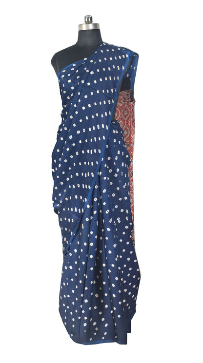 Bandhej [ Tie-Dye] Modal Silk Part Natural Dye Ajrakh Pallu Hand Block Print Saree With Ajrakh Blouse Piece - 5.5 Mtr Length   -  SKU : MS15601J