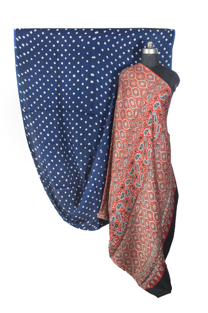 Bandhej [ Tie-Dye] Modal Silk Part Natural Dye Ajrakh Pallu Hand Block Print Saree With Ajrakh Blouse Piece - 5.5 Mtr Length   -  SKU : MS15601J