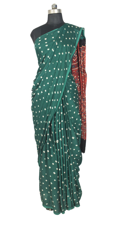 Bandhej [ Tie-Dye] Modal Silk Part Natural Dye Ajrakh Pallu Hand Block Print Saree With Ajrakh Blouse Piece - 5.5 Mtr Length   -  SKU : MS25601A