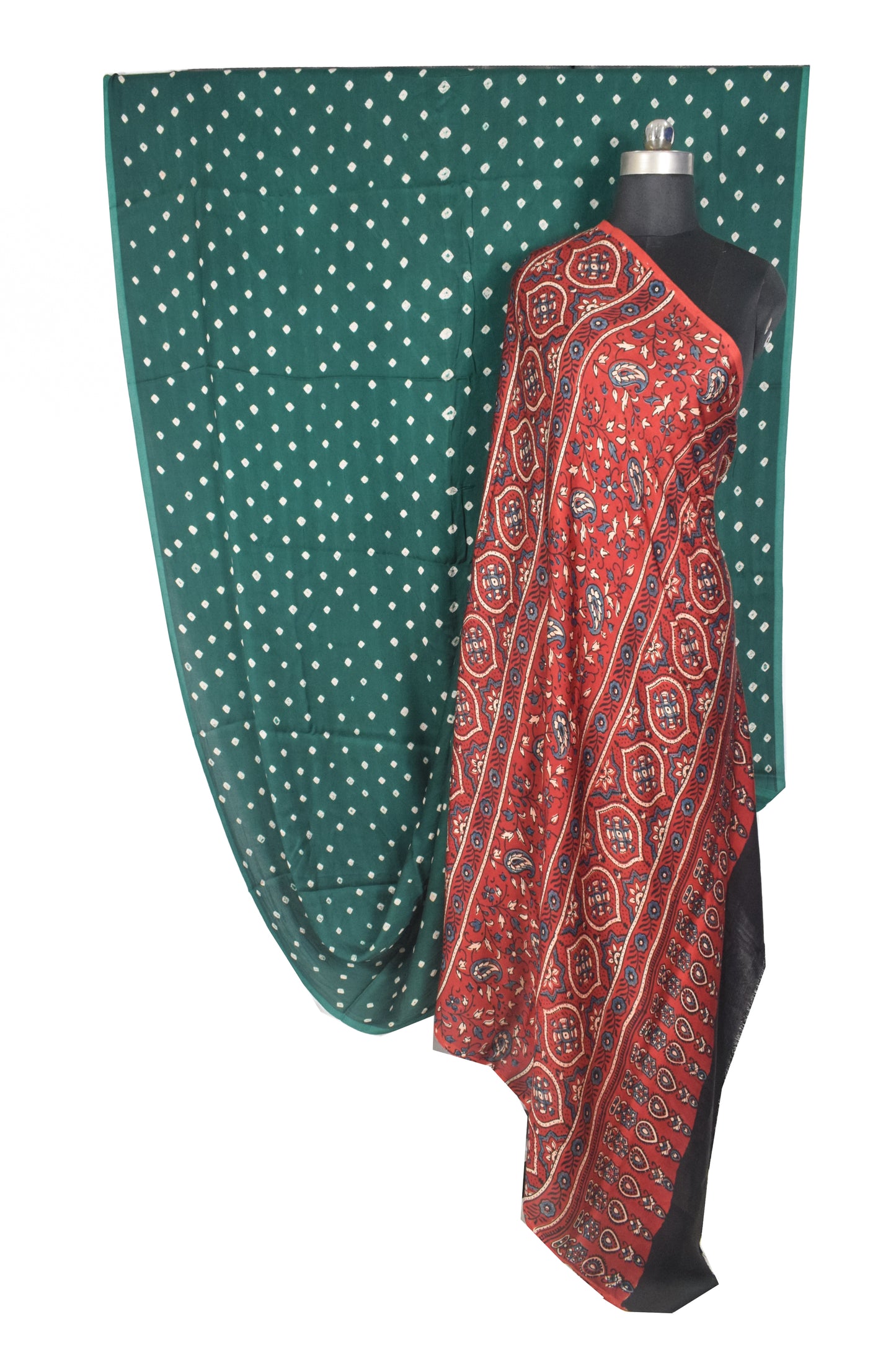 Bandhej [ Tie-Dye] Modal Silk Part Natural Dye Ajrakh Pallu Hand Block Print Saree With Ajrakh Blouse Piece - 5.5 Mtr Length   -  SKU : MS25601A