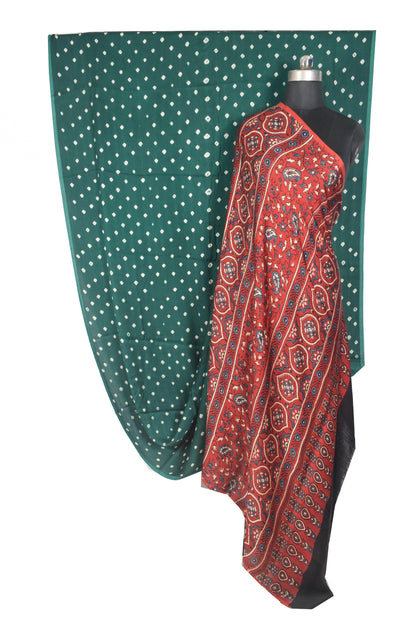 Bandhej [ Tie-Dye] Modal Silk Part Natural Dye Ajrakh Pallu Hand Block Print Saree With Ajrakh Blouse Piece - 5.5 Mtr Length   -  SKU : MS25601A