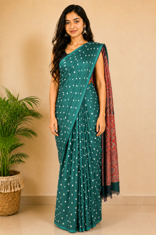 Bandhej [ Tie-Dye] Modal Silk Part Natural Dye Ajrakh Pallu Hand Block Print Saree With Ajrakh Blouse Piece - 5.5 Mtr Length   -  SKU : MS25601A