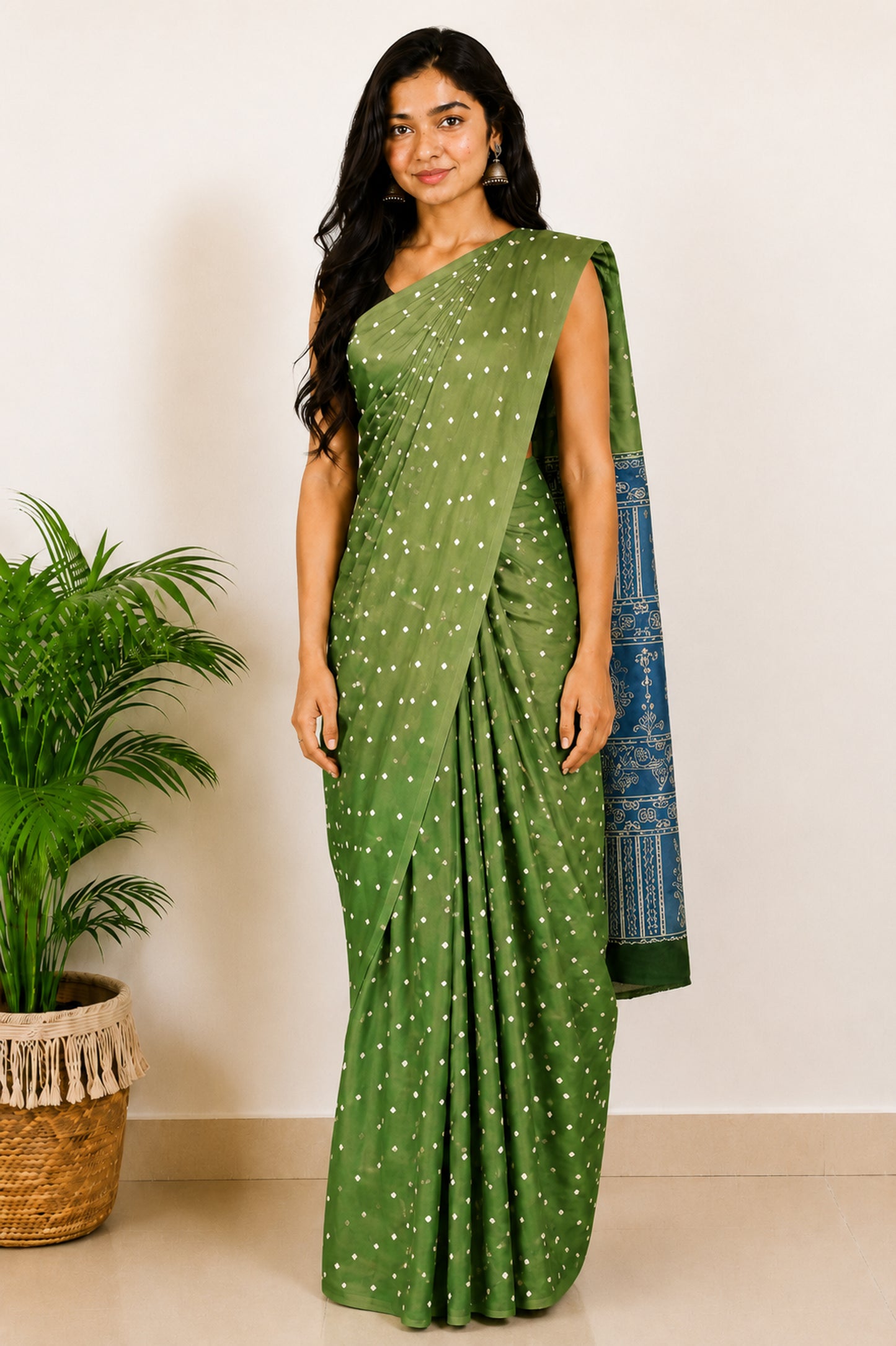 Bandhej [ Tie-Dye] Modal Silk Part Natural Dye Ajrakh Pallu Hand Block Print Saree With Ajrakh Blouse Piece - 5.5 Mtr Length   -  SKU : MS15601F
