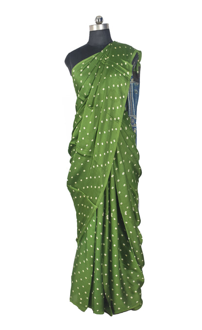 Bandhej [ Tie-Dye] Modal Silk Part Natural Dye Ajrakh Pallu Hand Block Print Saree With Ajrakh Blouse Piece - 5.5 Mtr Length   -  SKU : MS15601F