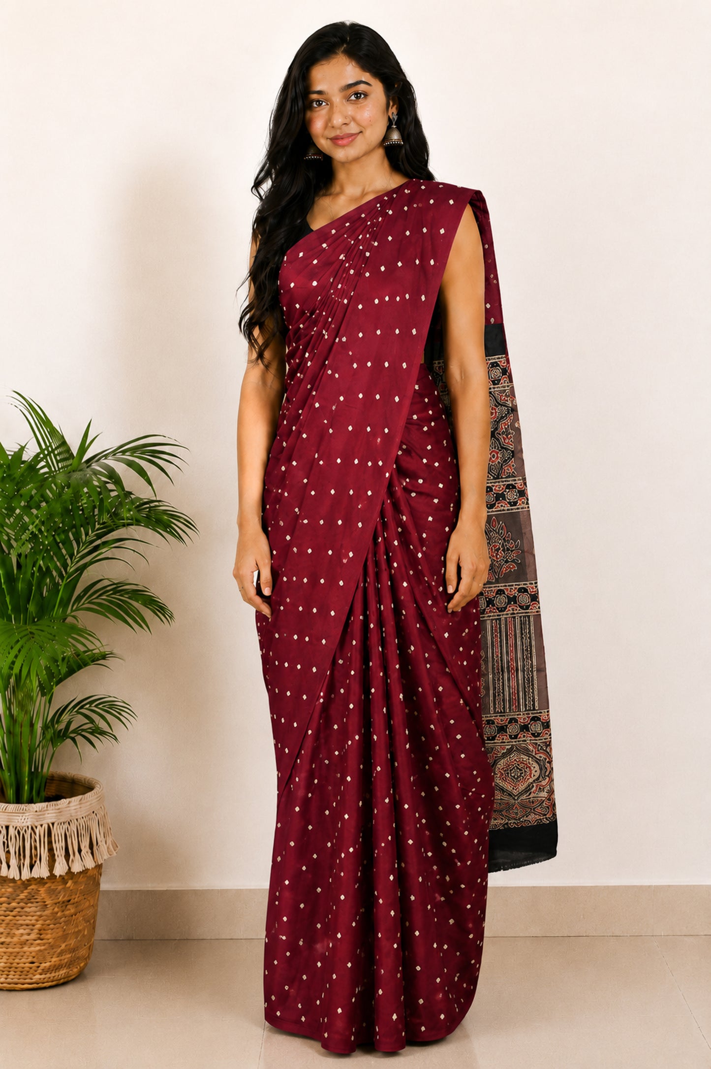 Bandhej [ Tie-Dye] Modal Silk Part Natural Dye Ajrakh Pallu Hand Block Print Saree With Ajrakh Blouse Piece - 5.5 Mtr Length   -  SKU : MS15601C
