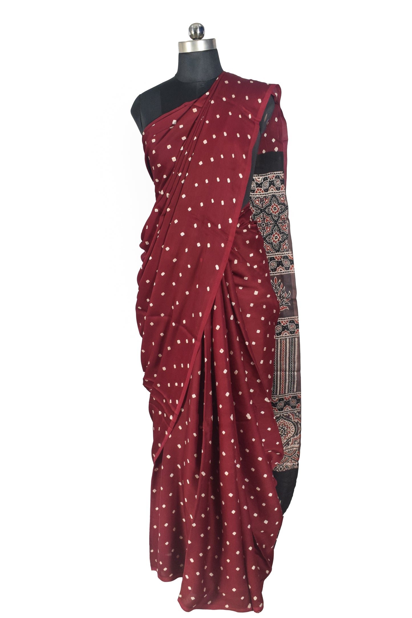 Bandhej [ Tie-Dye] Modal Silk Part Natural Dye Ajrakh Pallu Hand Block Print Saree With Ajrakh Blouse Piece - 5.5 Mtr Length   -  SKU : MS15601C