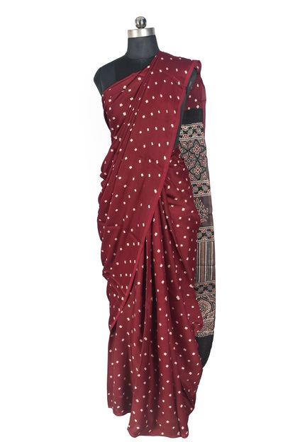 Bandhej [ Tie-Dye] Modal Silk Part Natural Dye Ajrakh Pallu Hand Block Print Saree With Ajrakh Blouse Piece - 5.5 Mtr Length   -  SKU : MS15601C