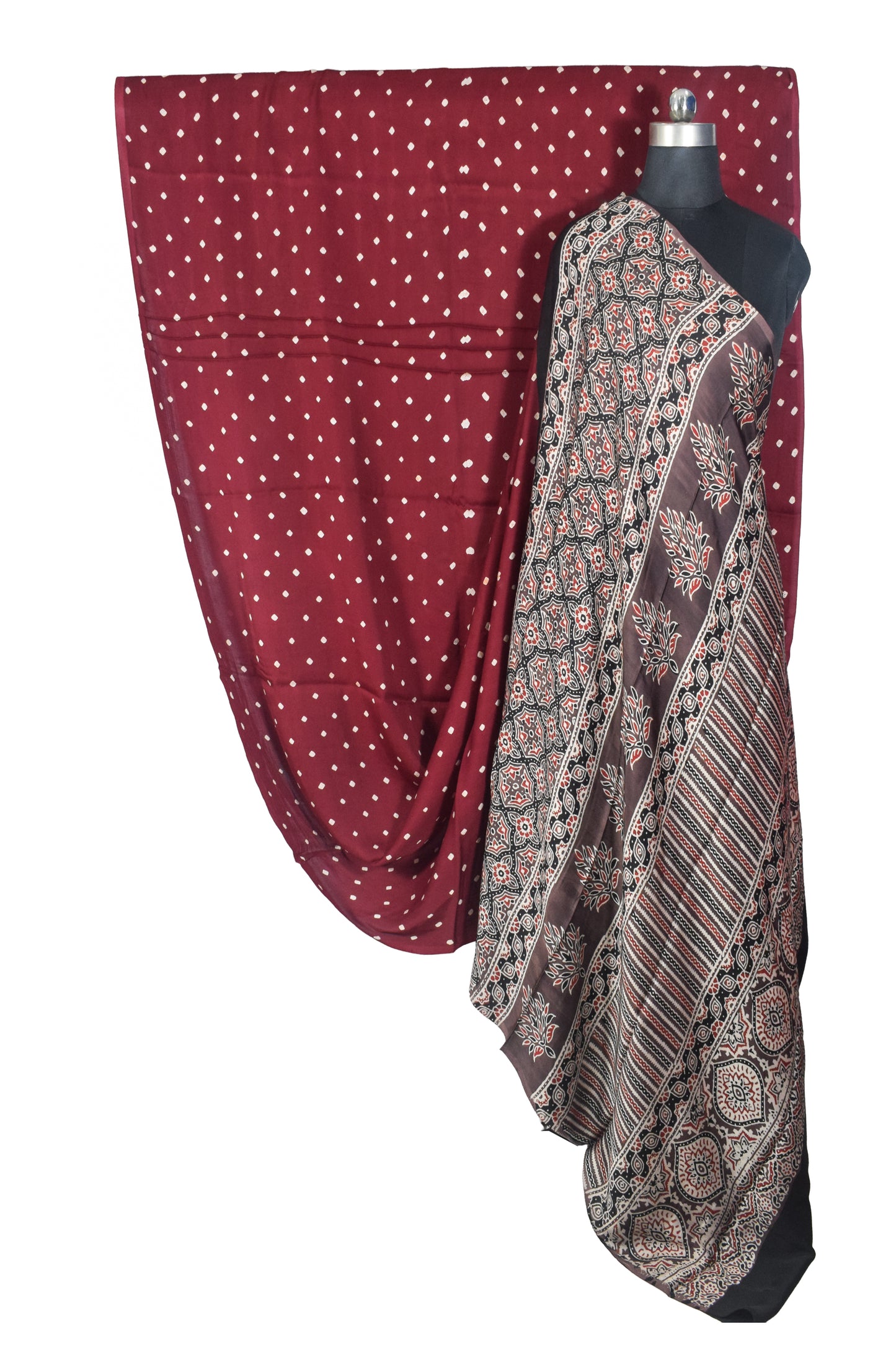 Bandhej [ Tie-Dye] Modal Silk Part Natural Dye Ajrakh Pallu Hand Block Print Saree With Ajrakh Blouse Piece - 5.5 Mtr Length   -  SKU : MS15601C