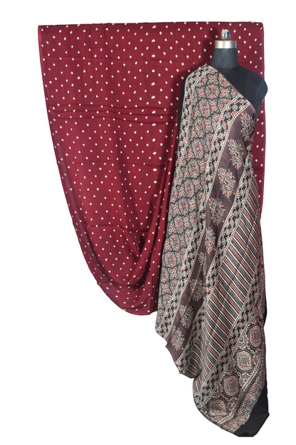 Bandhej [ Tie-Dye] Modal Silk Part Natural Dye Ajrakh Pallu Hand Block Print Saree With Ajrakh Blouse Piece - 5.5 Mtr Length   -  SKU : MS15601C