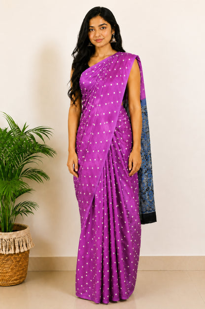 Bandhej [ Tie-Dye] Modal Silk Part Natural Dye Ajrakh Pallu Hand Block Print Saree With Ajrakh Blouse Piece - 5.5 Mtr Length   -  SKU : MS15601E