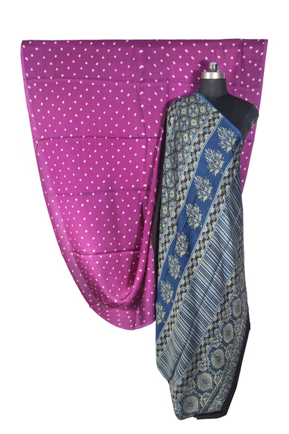 Bandhej [ Tie-Dye] Modal Silk Part Natural Dye Ajrakh Pallu Hand Block Print Saree With Ajrakh Blouse Piece - 5.5 Mtr Length   -  SKU : MS15601E