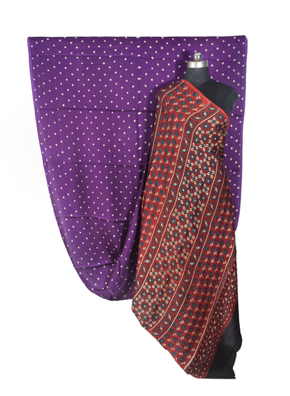 Bandhej [ Tie-Dye] Modal Silk Part Natural Dye Ajrakh Pallu Hand Block Print Saree With Ajrakh Blouse Piece - 5.5 Mtr Length   -  SKU : MS15601H