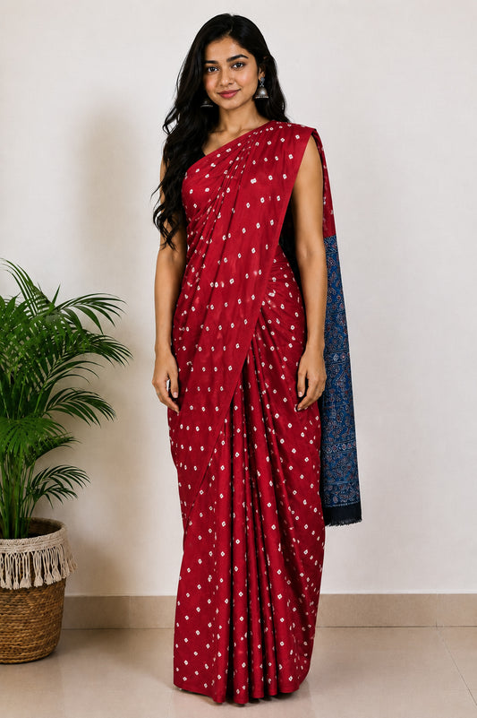 Bandhej [ Tie-Dye] Modal Silk Part Natural Dye Ajrakh Pallu Hand Block Print Saree With Ajrakh Blouse Piece - 5.5 Mtr Length   -  SKU : MS15601A
