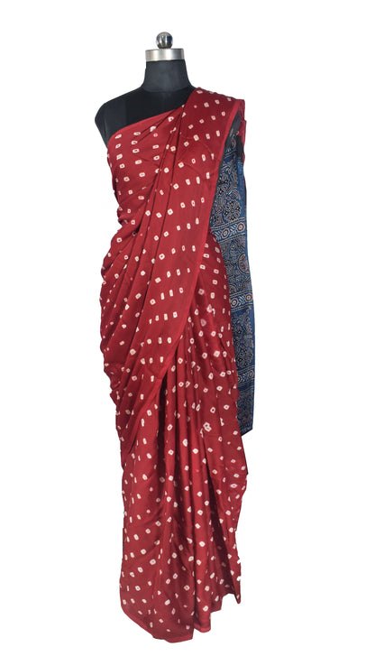 Bandhej [ Tie-Dye] Modal Silk Part Natural Dye Ajrakh Pallu Hand Block Print Saree With Ajrakh Blouse Piece - 5.5 Mtr Length   -  SKU : MS15601A