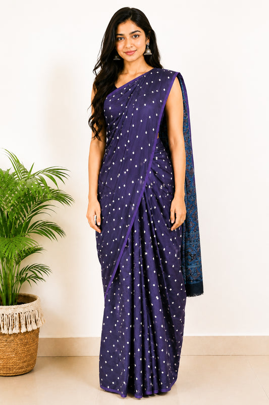 Bandhej [ Tie-Dye] Modal Silk Part Natural Dye Ajrakh Pallu Hand Block Print Saree With Ajrakh Blouse Piece - 5.5 Mtr Length   -  SKU : MS15601G