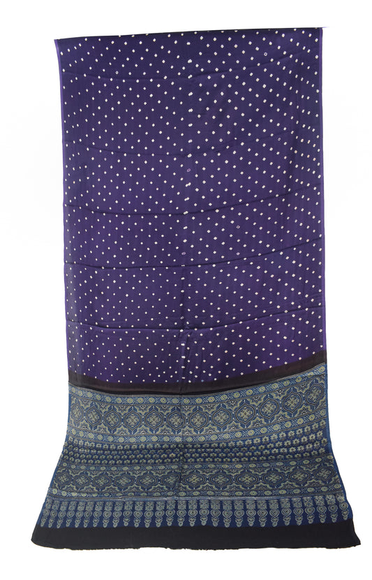 Bandhej [ Tie-Dye] Modal Silk Part Natural Dye Ajrakh Pallu Hand Block Print Saree With Ajrakh Blouse Piece - 5.5 Mtr Length   -  SKU : MS15601G