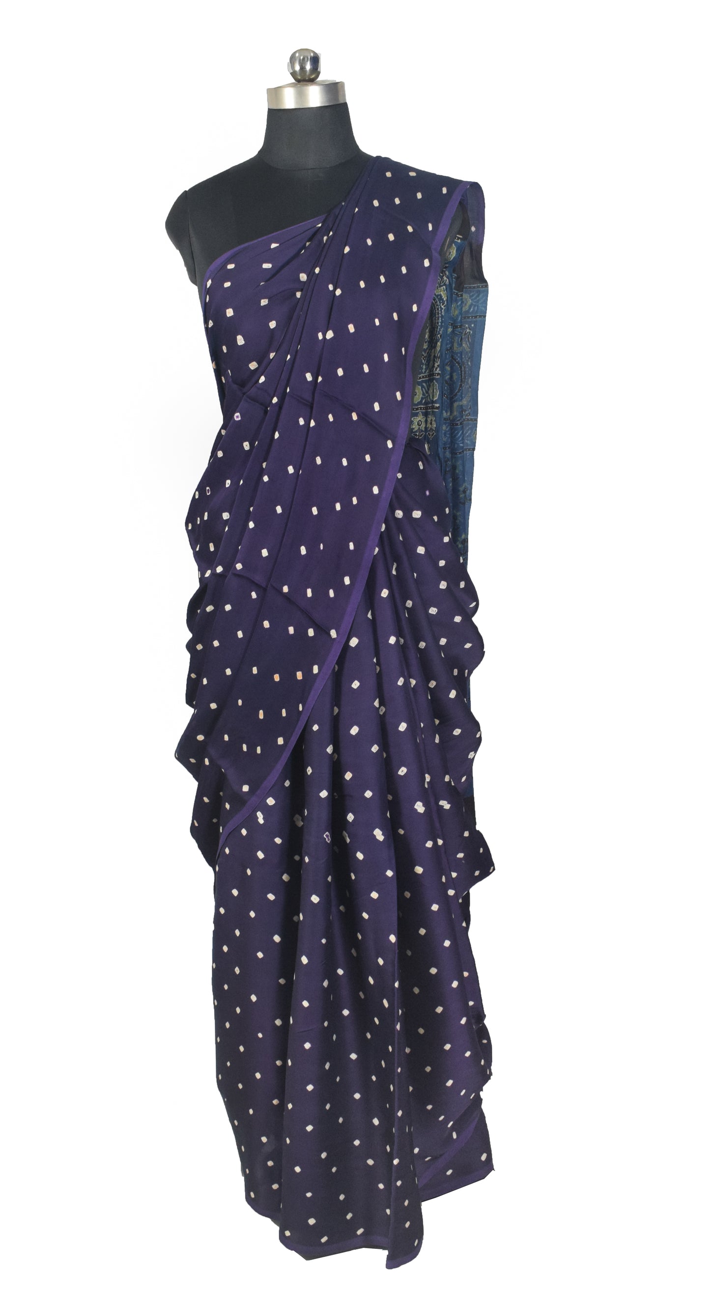 Bandhej [ Tie-Dye] Modal Silk Part Natural Dye Ajrakh Pallu Hand Block Print Saree With Ajrakh Blouse Piece - 5.5 Mtr Length   -  SKU : MS15601G