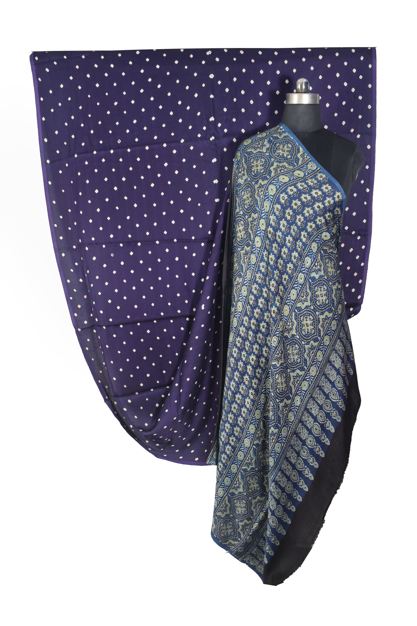 Bandhej [ Tie-Dye] Modal Silk Part Natural Dye Ajrakh Pallu Hand Block Print Saree With Ajrakh Blouse Piece - 5.5 Mtr Length   -  SKU : MS15601G