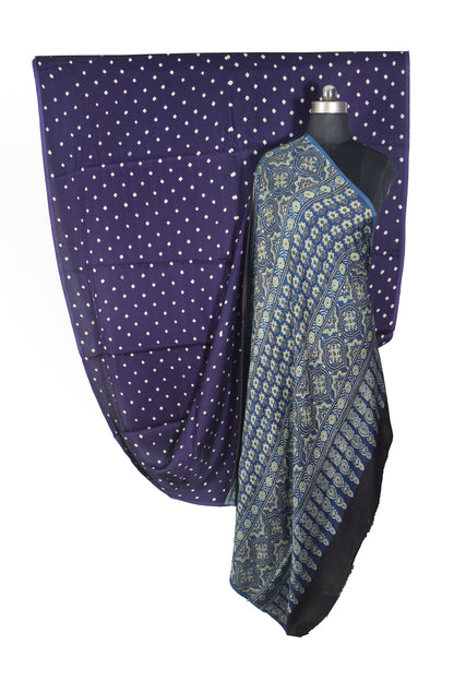 Bandhej [ Tie-Dye] Modal Silk Part Natural Dye Ajrakh Pallu Hand Block Print Saree With Ajrakh Blouse Piece - 5.5 Mtr Length   -  SKU : MS15601G