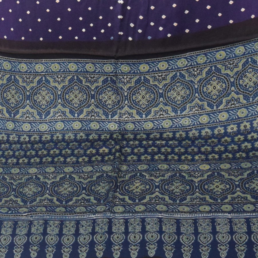 Bandhej [ Tie-Dye] Modal Silk Part Natural Dye Ajrakh Pallu Hand Block Print Saree With Ajrakh Blouse Piece - 5.5 Mtr Length   -  SKU : MS15601G