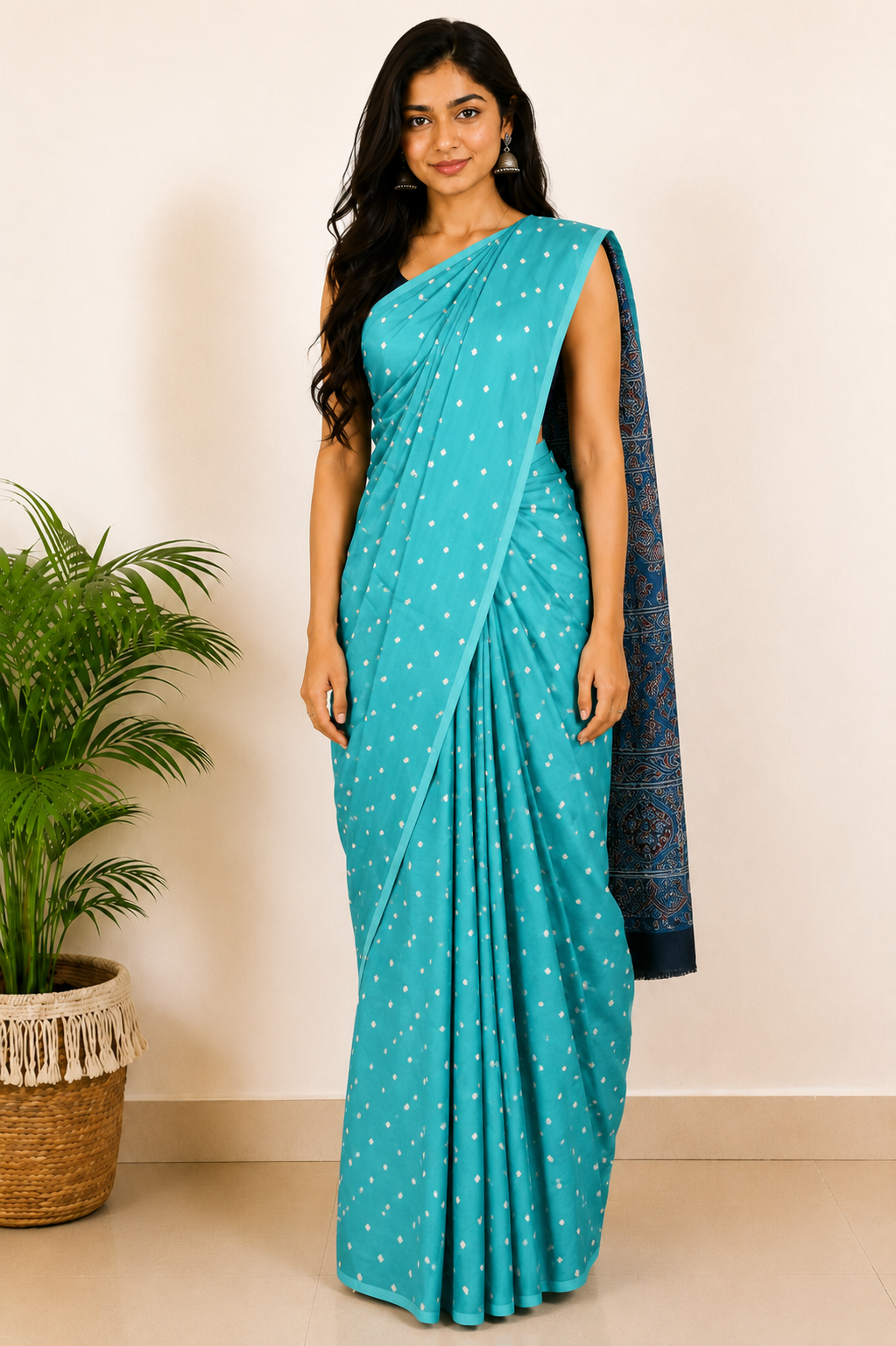 Bandhej [ Tie-Dye] Modal Silk Part Natural Dye Ajrakh Pallu Hand Block Print Saree With Ajrakh Blouse Piece - 5.5 Mtr Length   -  SKU : MS15601I