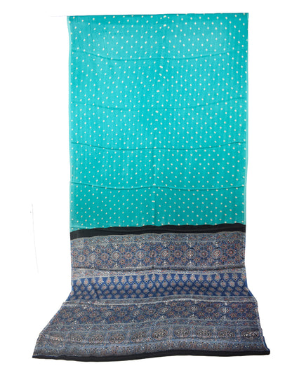 Bandhej [ Tie-Dye] Modal Silk Part Natural Dye Ajrakh Pallu Hand Block Print Saree With Ajrakh Blouse Piece - 5.5 Mtr Length   -  SKU : MS15601I