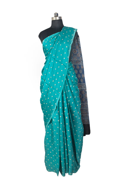 Bandhej [ Tie-Dye] Modal Silk Part Natural Dye Ajrakh Pallu Hand Block Print Saree With Ajrakh Blouse Piece - 5.5 Mtr Length   -  SKU : MS15601I