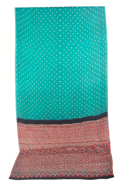 Bandhej [ Tie-Dye] Modal Silk Part Natural Dye Ajrakh Pallu Hand Block Print Saree With Ajrakh Blouse Piece - 5.5 Mtr Length   -  SKU : MS25601B