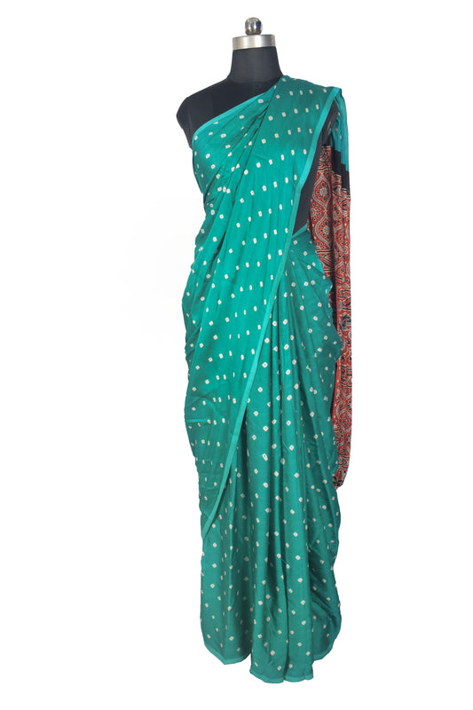 Bandhej [ Tie-Dye] Modal Silk Part Natural Dye Ajrakh Pallu Hand Block Print Saree With Ajrakh Blouse Piece - 5.5 Mtr Length   -  SKU : MS25601B