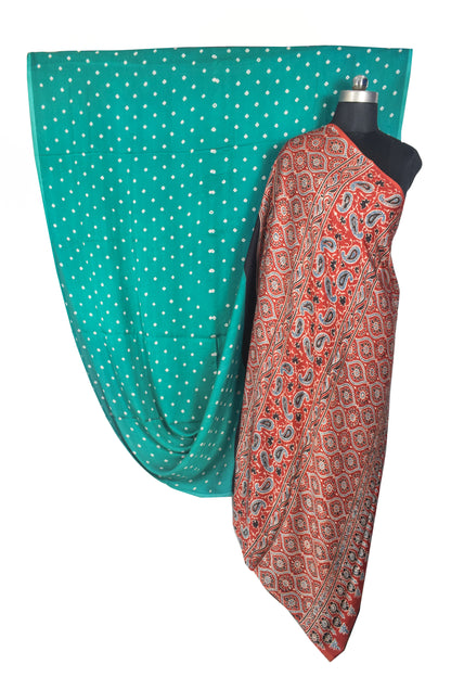 Bandhej [ Tie-Dye] Modal Silk Part Natural Dye Ajrakh Pallu Hand Block Print Saree With Ajrakh Blouse Piece - 5.5 Mtr Length   -  SKU : MS25601B