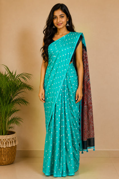 Bandhej [ Tie-Dye] Modal Silk Part Natural Dye Ajrakh Pallu Hand Block Print Saree With Ajrakh Blouse Piece - 5.5 Mtr Length   -  SKU : MS25601B