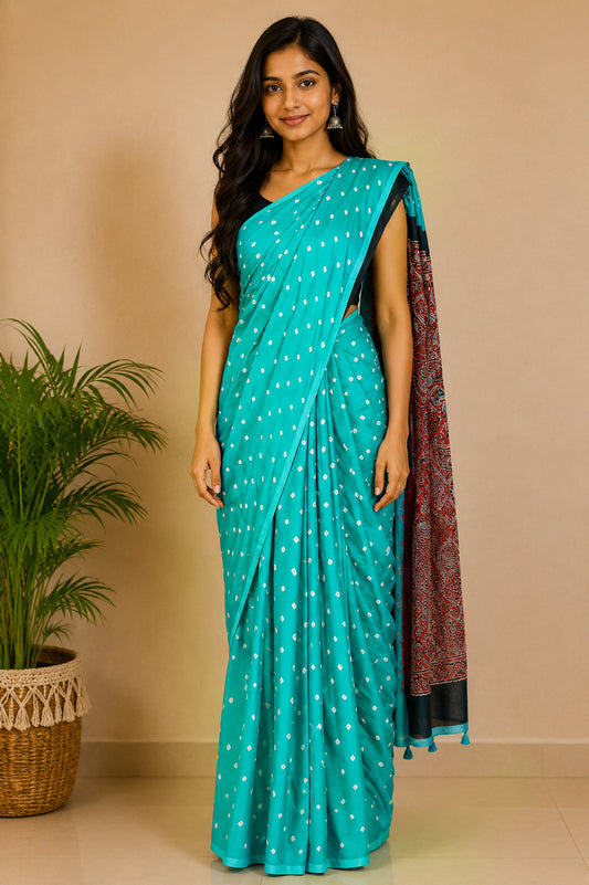 Bandhej [ Tie-Dye] Modal Silk Part Natural Dye Ajrakh Pallu Hand Block Print Saree With Ajrakh Blouse Piece - 5.5 Mtr Length   -  SKU : MS25601B