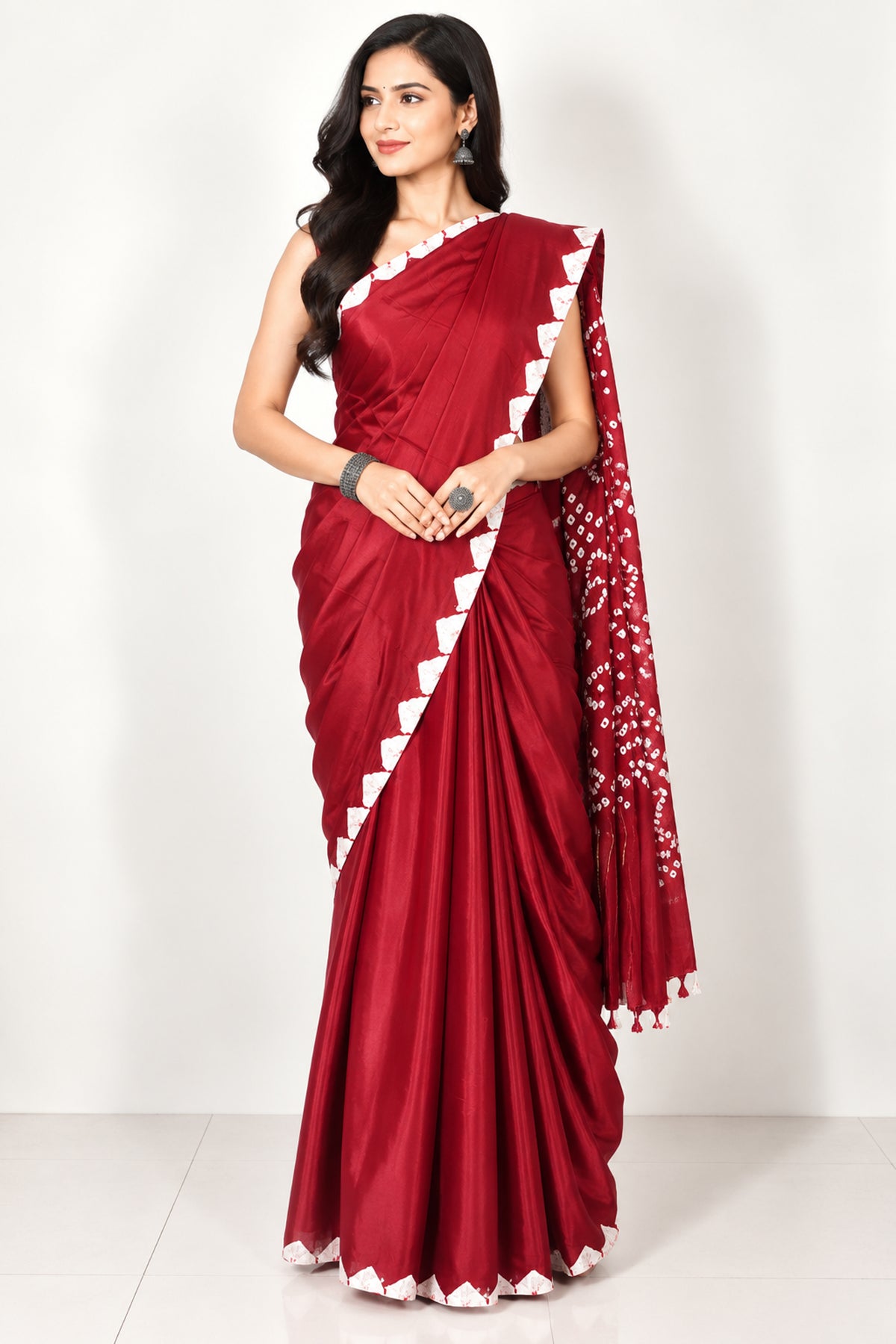 Plain Dyeing Modal Silk Bandhej Pallu Saree with Golden Border - With Blouse Piece - 5.5 Mtr Length   -  SKU : ZD27703B