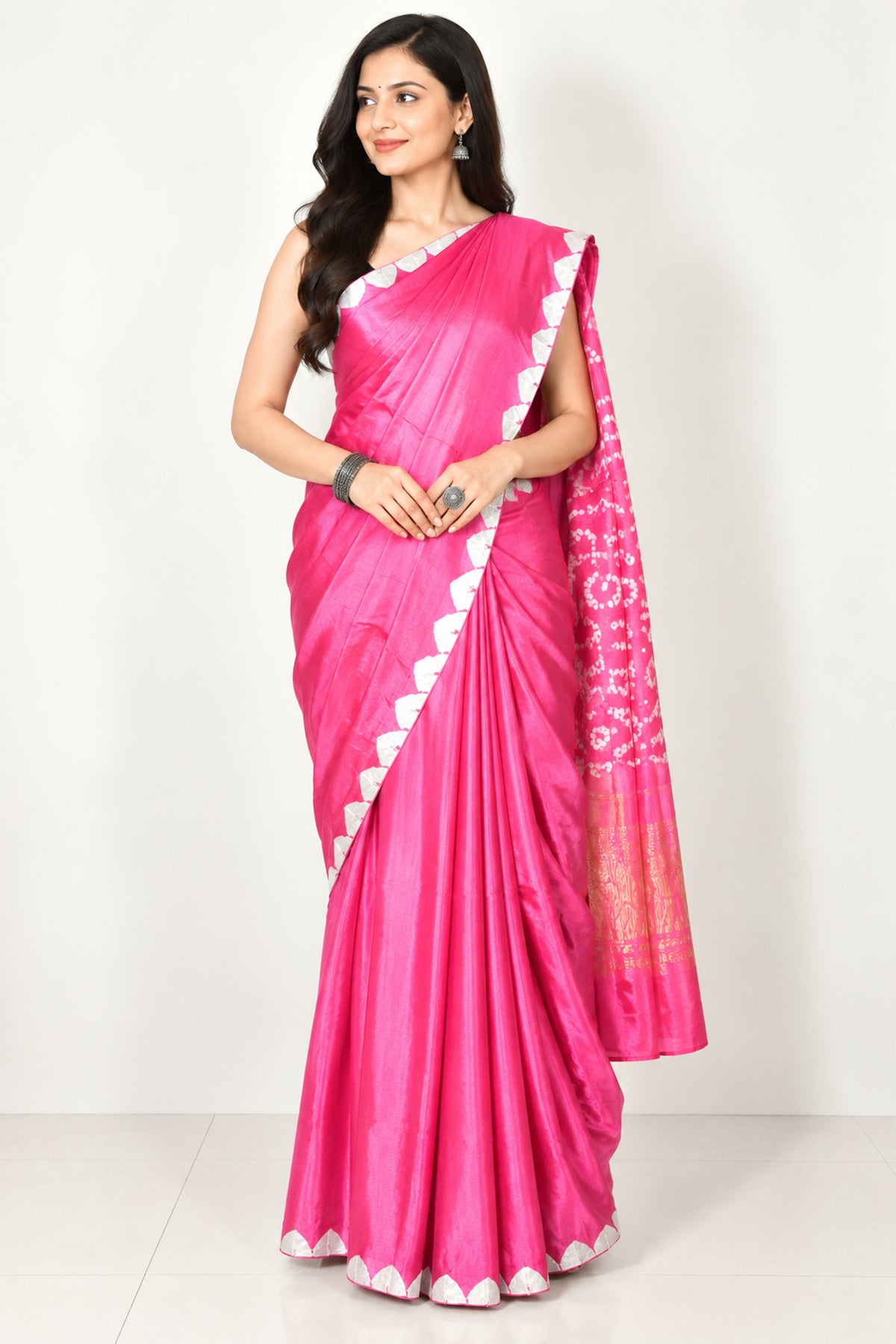 Plain Dyeing Modal Silk Bandhej Pallu Saree with Golden Border - With Blouse Piece - 5.5 Mtr Length   -  SKU : ZD27703A