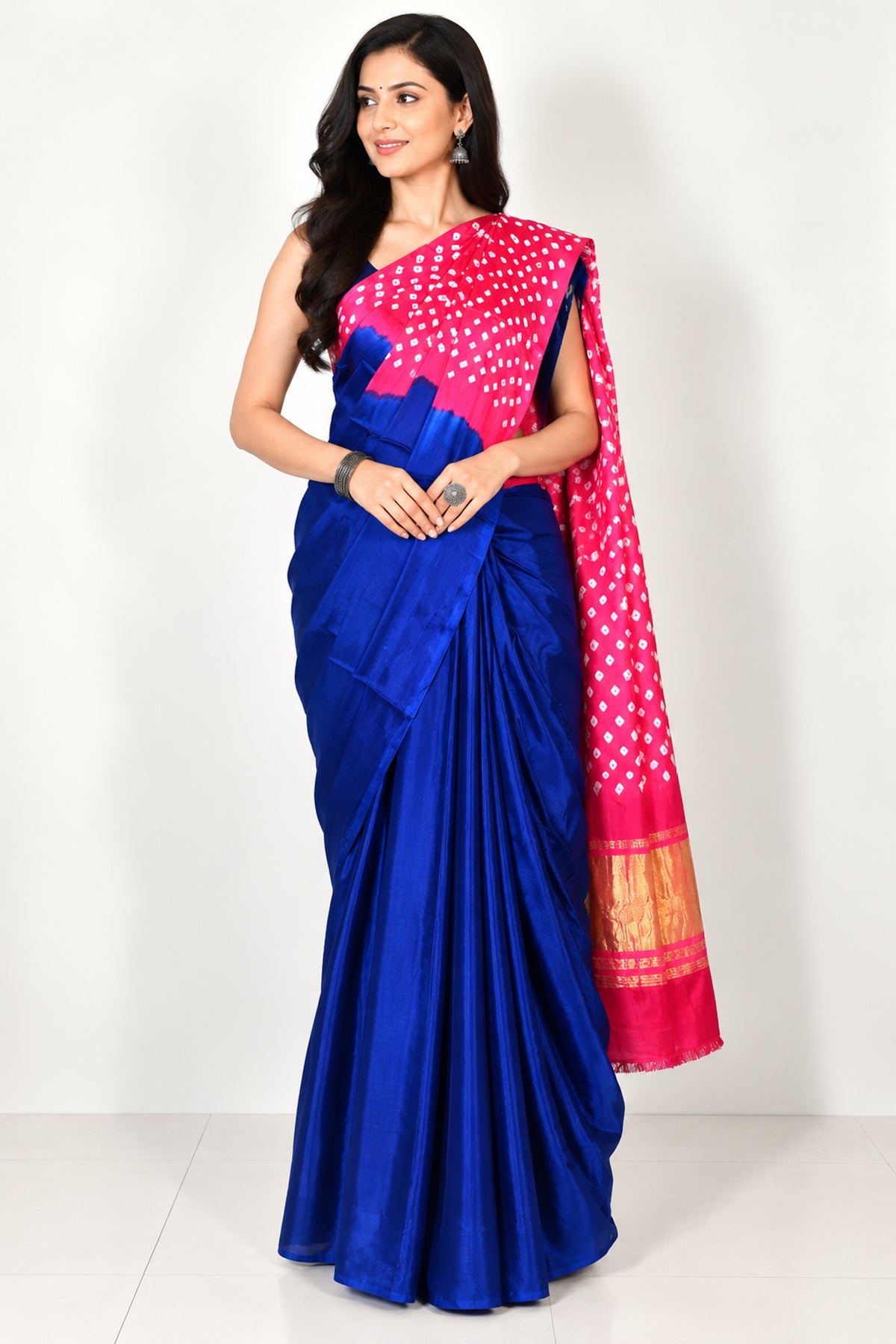 Plain Dyeing Modal Silk Two Colour Print Bandhej [ Tie-Dye] Saree with Golden Border - With Blouse Piece - 5.5 Mtr Length   -  SKU : ZD27704A