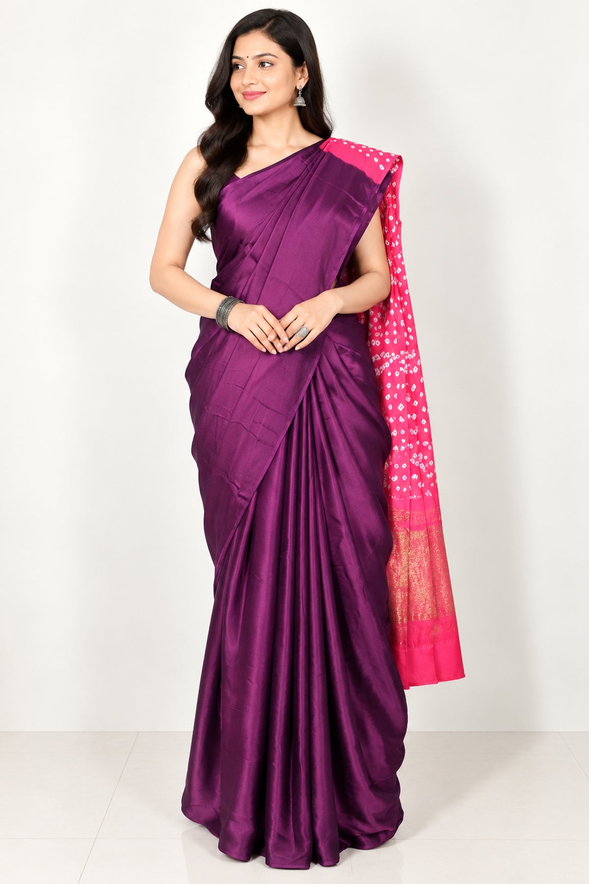 Plain Dyeing Modal Silk Two Colour Print Bandhej [ Tie-Dye] Saree Nakshi Border with Blouse Piece - 5.5 Mtr Length   -  SKU : ZD27705A