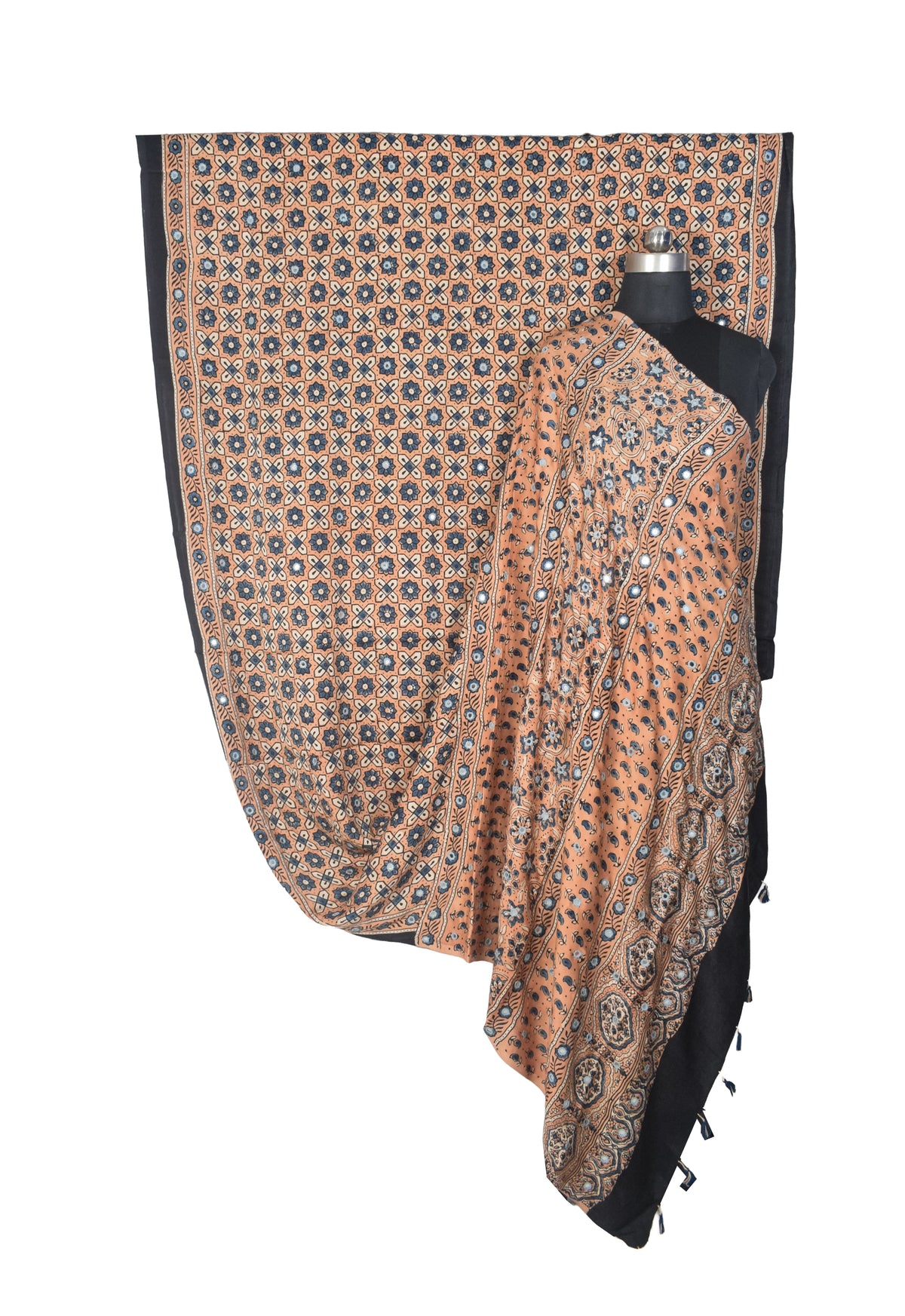 Ajrakh Modal Silk Natural Dye Three Colour Full Printed ( 3 Kam ) Hand Block Print Saree Mirror Work - With Blouse Piece - 5.5 Mtr Length   -  SKU : MS14801C